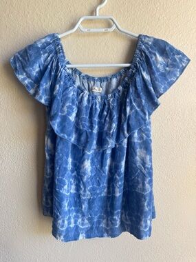 Hollister Blue Tie-Dye Off Shoulder Ruffle Top Boho Babydoll Blouse Coastal